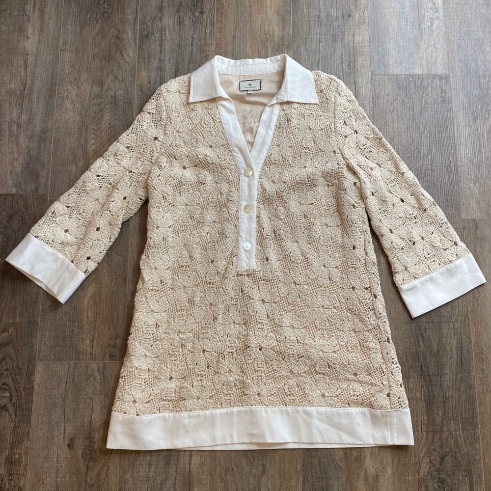 Tuckernuck Cream Floral Crochet Lace Tunic Top Contrast Trim Large, Boho